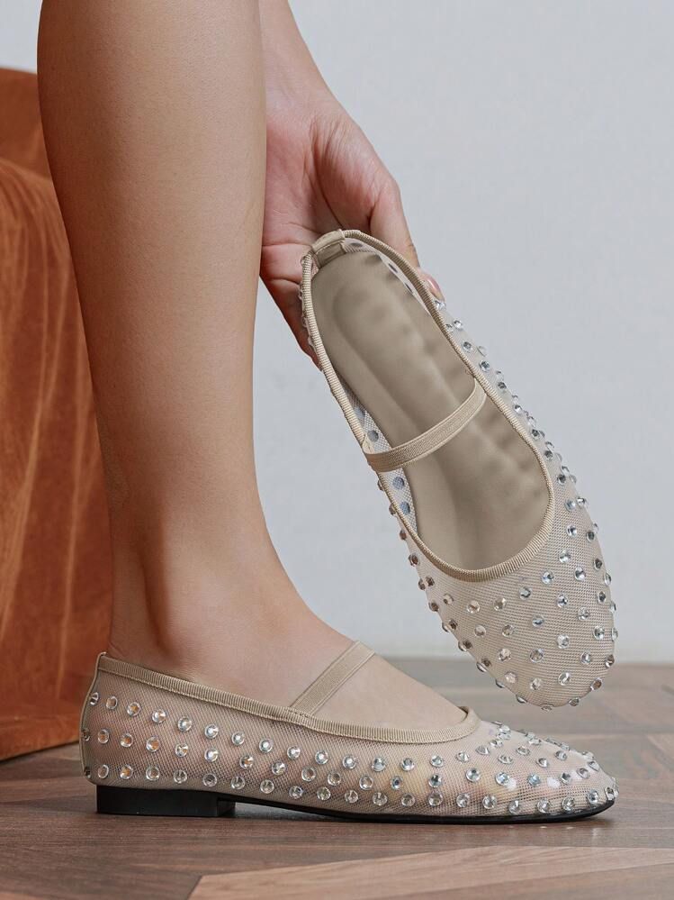 Nude Mesh Flats with Elastic Strap and Rhinestones Nude Mesh Flats with Elastic Strap and Rhinestones — Mesh Ballet Flats Outfits