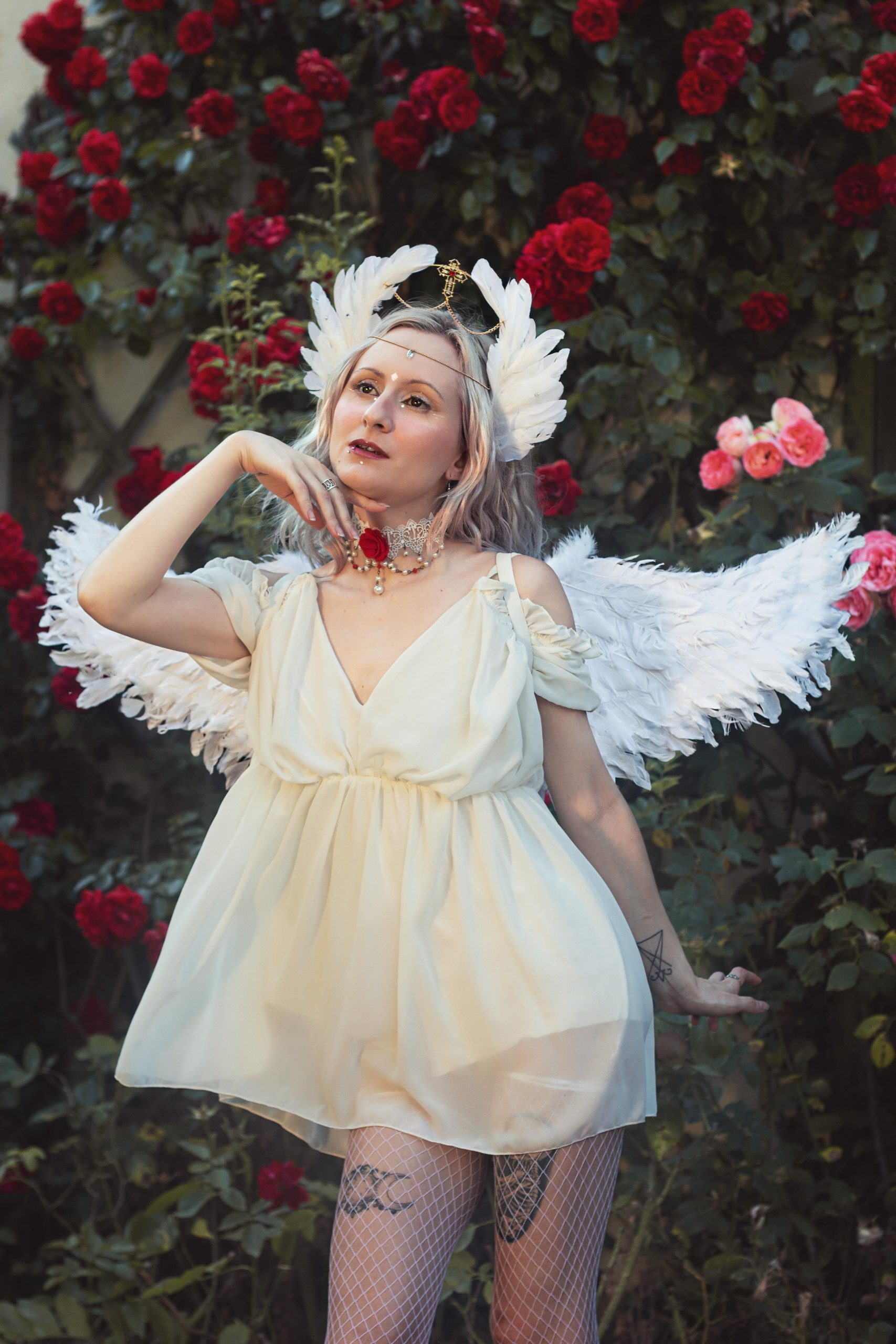 Sweet A-Line Ruffled Dress with Feather Wings and Halo — Angelcore Outfits