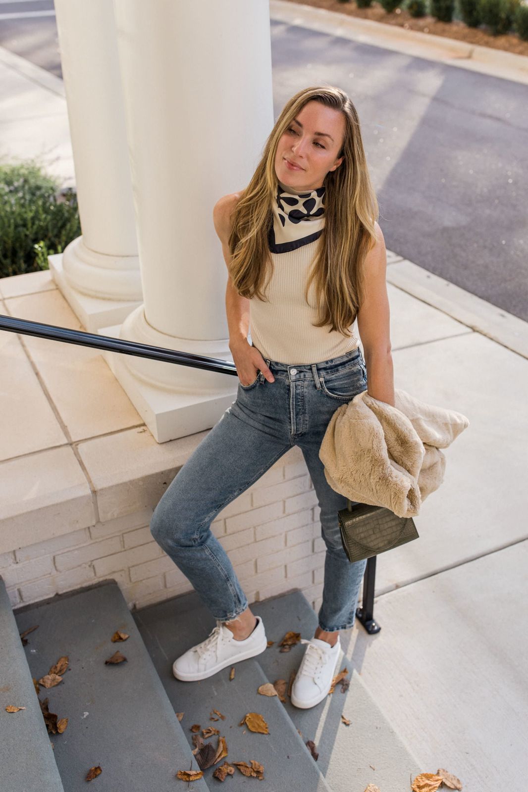 Textural Contrast: Straight Leg Jeans with Faux Fur Jacket — Light Wash Jeans Outfits