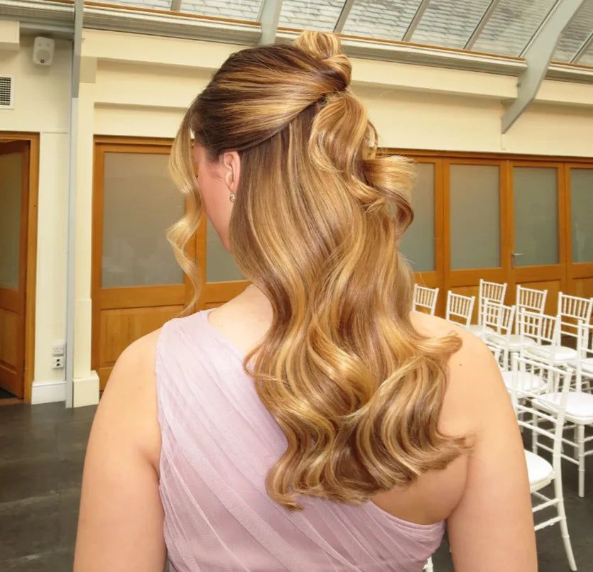 Curls To The Collarbone Curls To The Collarbone — Half Up Half Down with Bangs