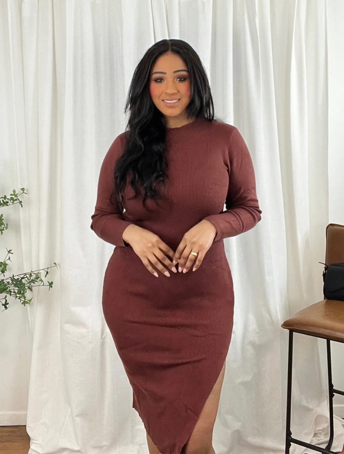 Brown Jersey Knit Bodycon Mini Dress — Midsize Dresses