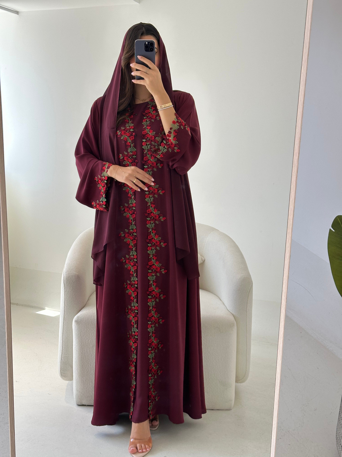 Maroon Abaya with Red and Green Floral Embroidery — Abaya Outfits