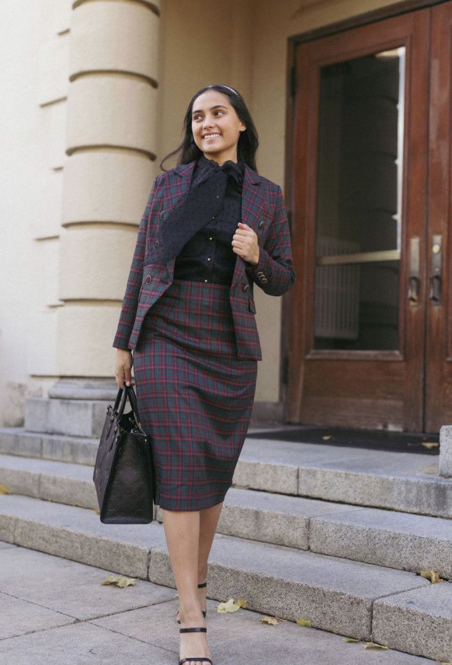 Plaid Skirt Suit with Scarf for a Polished Interview Plaid Skirt Suit with Scarf for a Polished Interview — Interview Dresses