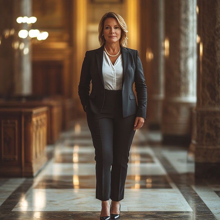 Sharp Black Suit with Pearl Necklace for Classic Authority Sharp Black Suit with Pearl Necklace for Classic Authority — Lawyer Outfits