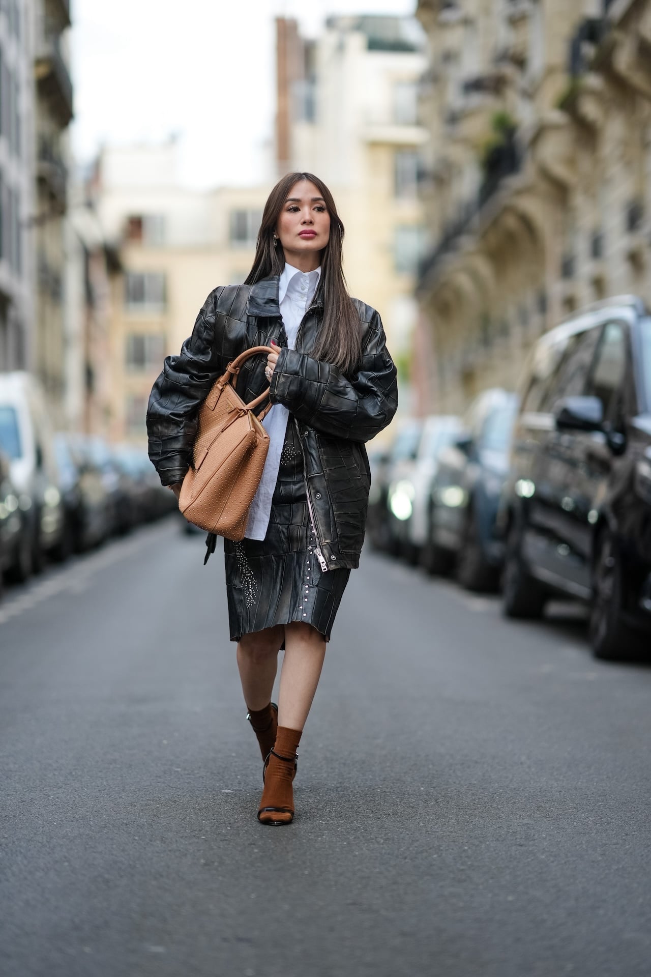 Studded Leather Skirt with Oversized Jacket for Edgy Style — Skirt Outfits