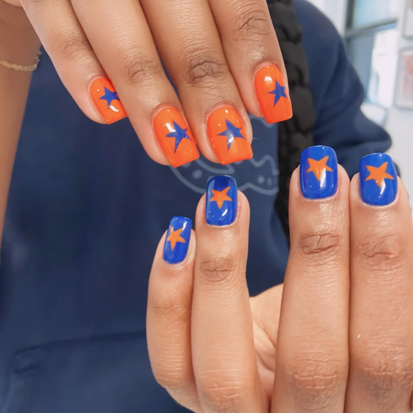 Short Square Orange and Blue Star Nails Short Square Orange and Blue Star Nails — Basketball Nails