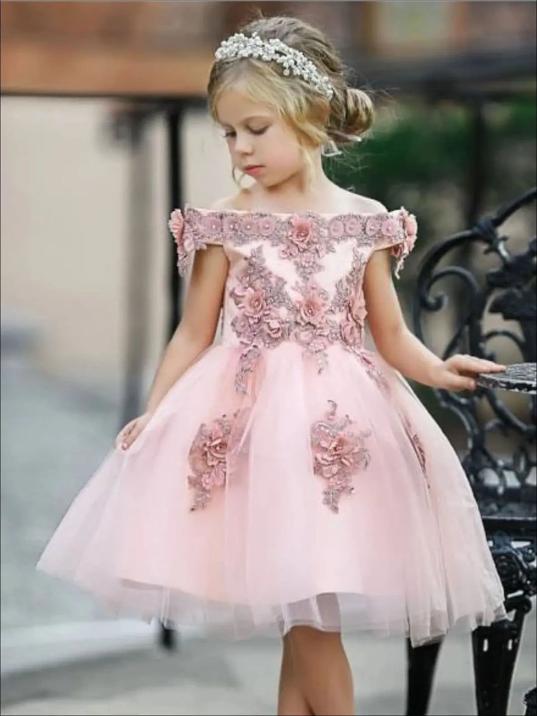 Pink Off-the-Shoulder Tulle Dress with Floral Appliques Pink Off-the-Shoulder Tulle Dress with Floral Appliques — Little Girl Dresses