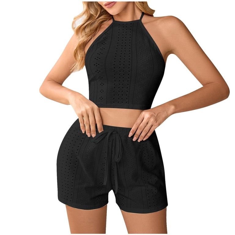 Chic Eyelet Set: Cropped Halter Top with High-Waisted Shorts Chic Eyelet Set: Cropped Halter Top with High-Waisted Shorts — Outfits for Small Bust