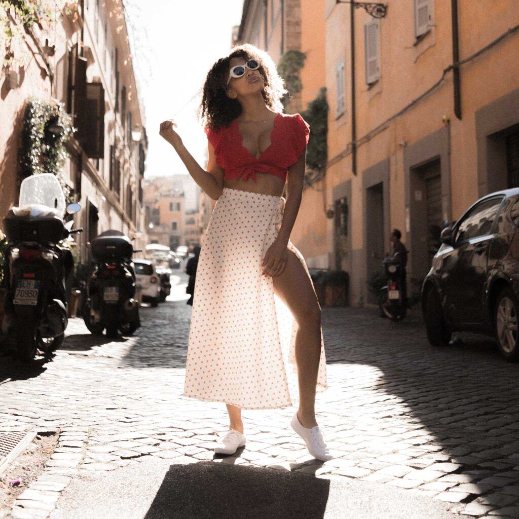Tie-Front Crop Top and Polka Dot Skirt for City Stroll Tie-Front Crop Top and Polka Dot Skirt for City Stroll — Rome Outfits