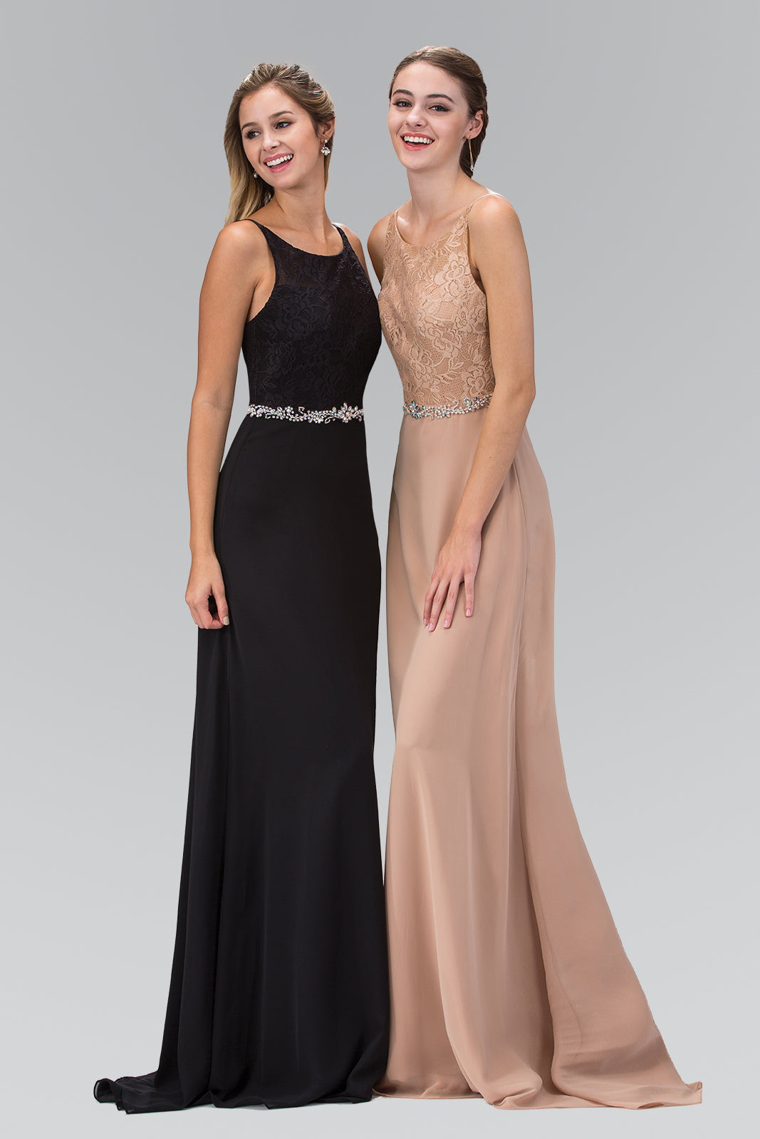 Black and Nude Lace Maxi Dresses with Embellished Waistbands Black and Nude Lace Maxi Dresses with Embellished Waistbands — Semi Formal Outfits