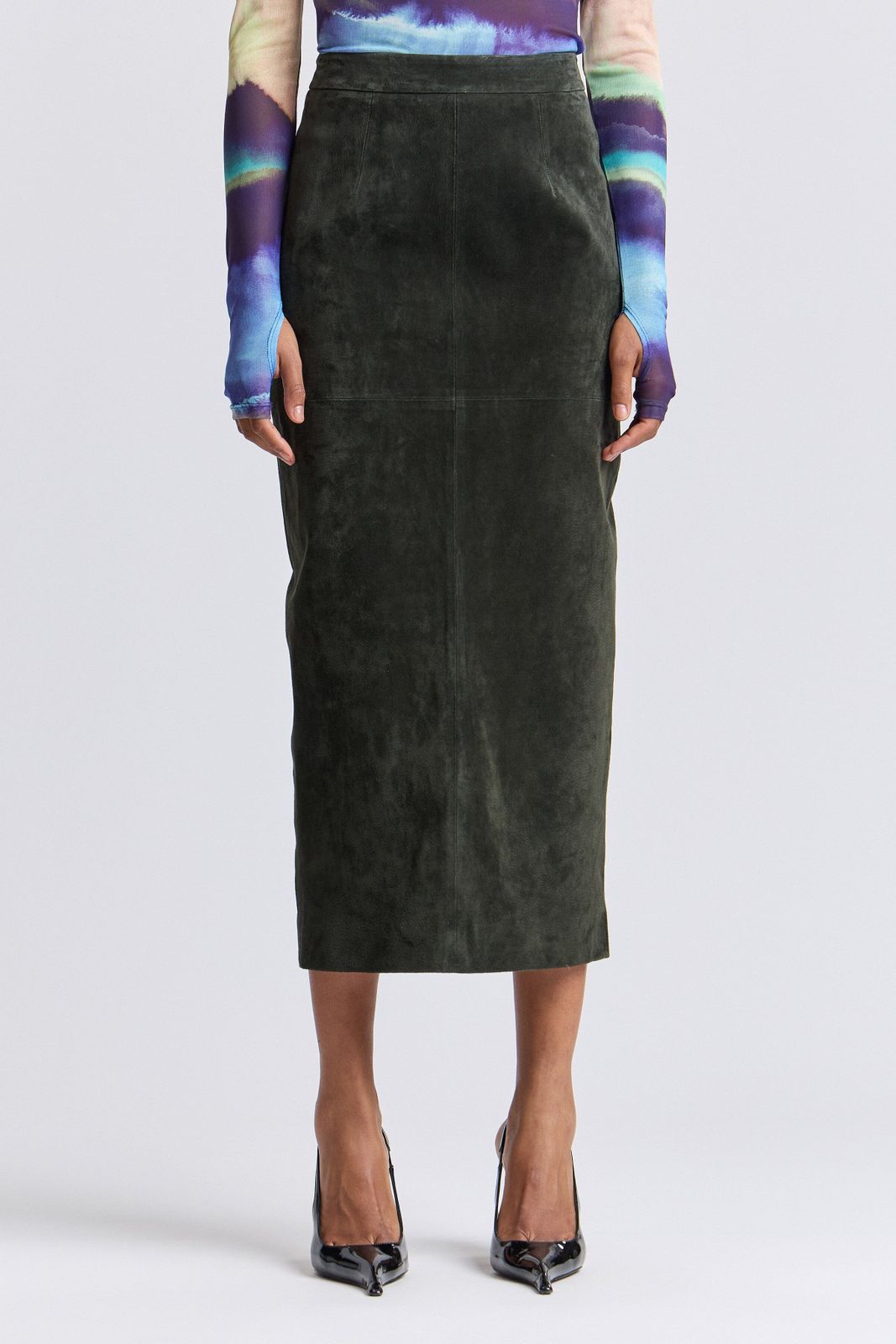 Olive Green Suede Pencil Skirt with Tie-Dye Top Olive Green Suede Pencil Skirt with Tie-Dye Top — Pencil Skirts