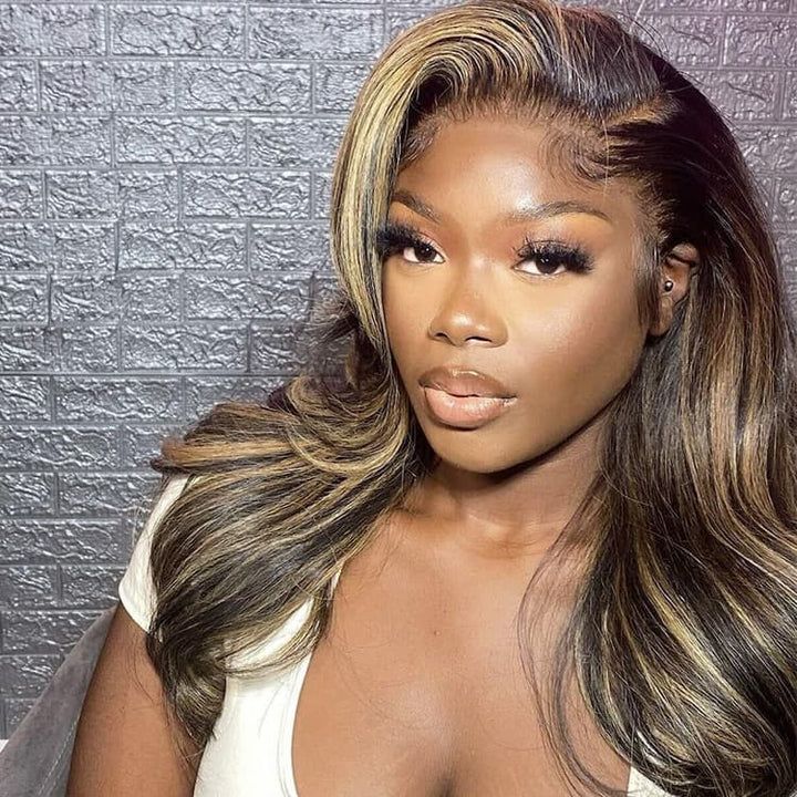 Front View Close Crop Mid-Back Dark Base With Honey Blonde Highlights Front View Close Crop Mid-Back Dark Base With Honey Blonde Highlights — Honey Blonde on Black Women