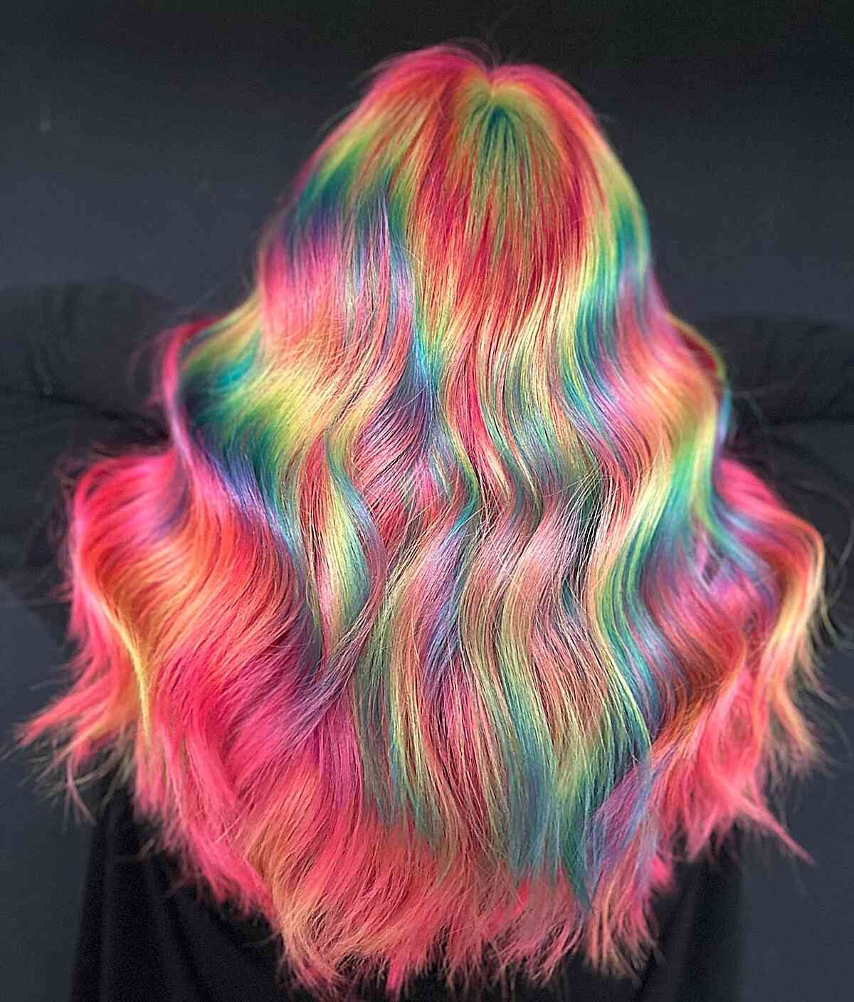 Mid-Back Wavy With Dense Rainbow Blend — Holographic Hair