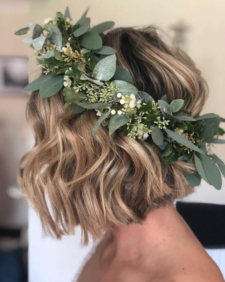Ash Blonde Bob With Floral Crown — Wedding Hairstyles for Short Hair