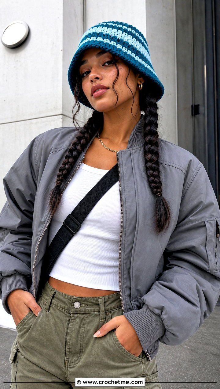 Mid-Back Dark Brown Two Braids with Striped Hat Mid-Back Dark Brown Two Braids with Striped Hat — Bucket Hat Hairstyles