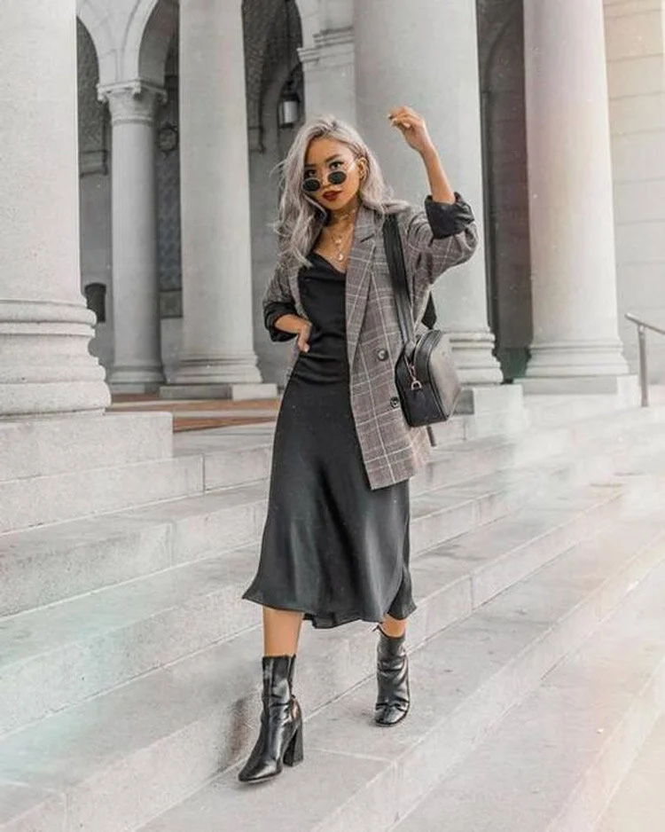 Polished Casual: Black Slip Dress with Plaid Blazer Polished Casual: Black Slip Dress with Plaid Blazer — Slip Dress Outfits