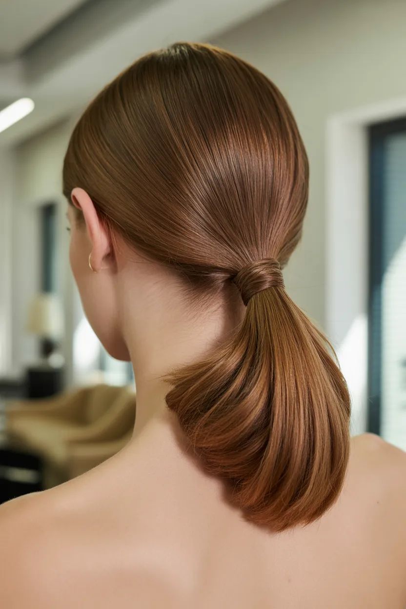 Collarbone Medium Brown Smooth Ponytail — Sleek Low Ponytail