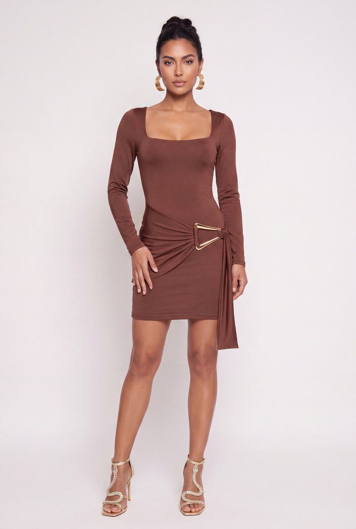 Brown Ruched Mini Dress with Gold Accents for Parties Brown Ruched Mini Dress with Gold Accents for Parties — Square Neck Dresses