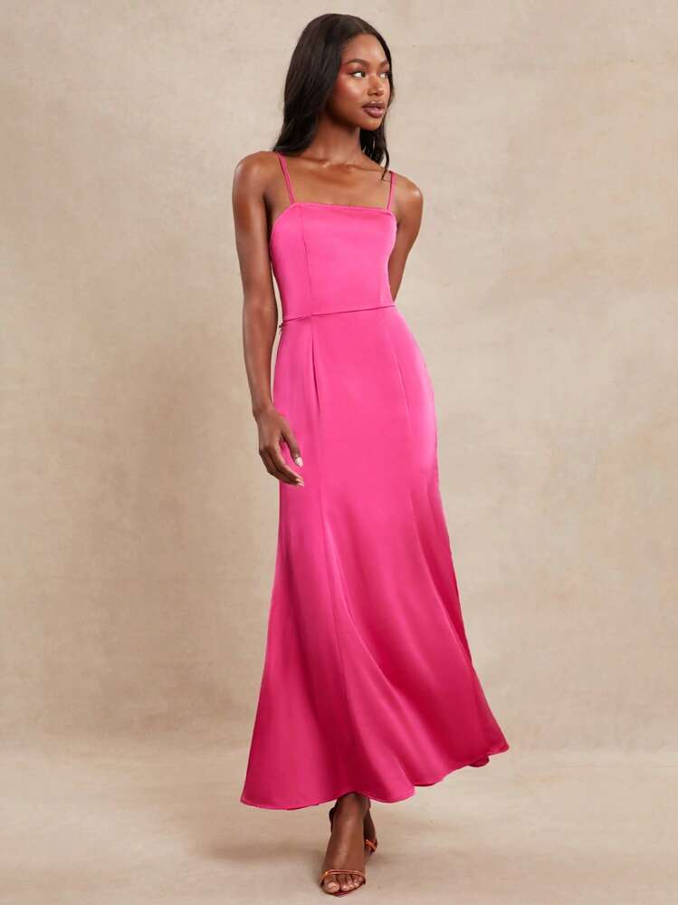 Striking Hot Pink Satin Maxi Dress for a Celebration Striking Hot Pink Satin Maxi Dress for a Celebration — Graduation Party Outfits