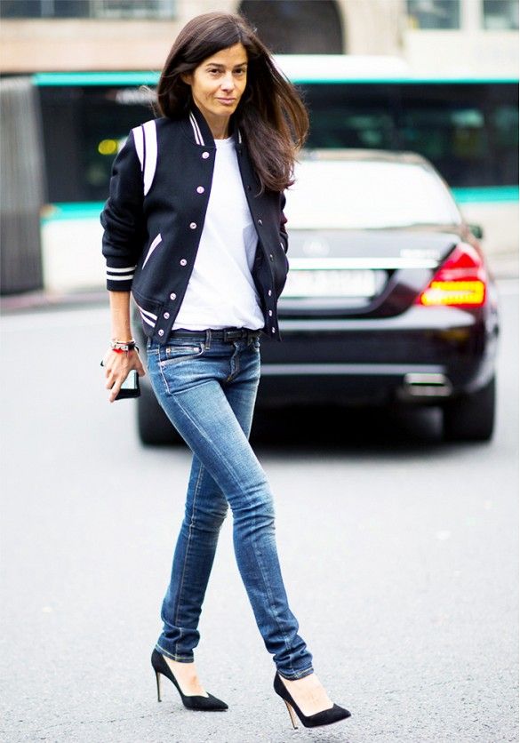 Street Style Casual Fitted Varsity Jacket with Skinny Jeans and Heels Street Style Casual Fitted Varsity Jacket with Skinny Jeans and Heels — Varsity Jacket Outfits
