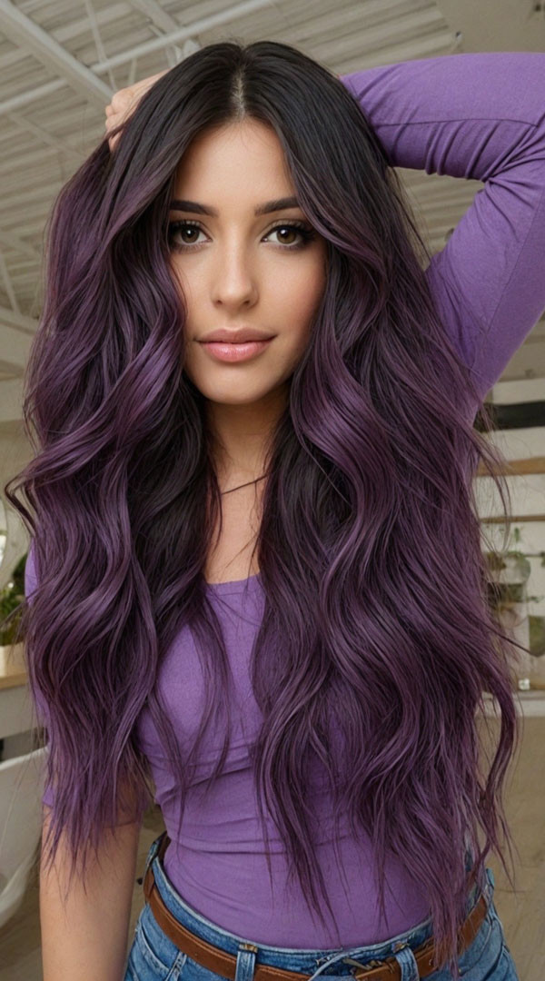 Mid-Back Waves With Purple Balayage — Purple Hair