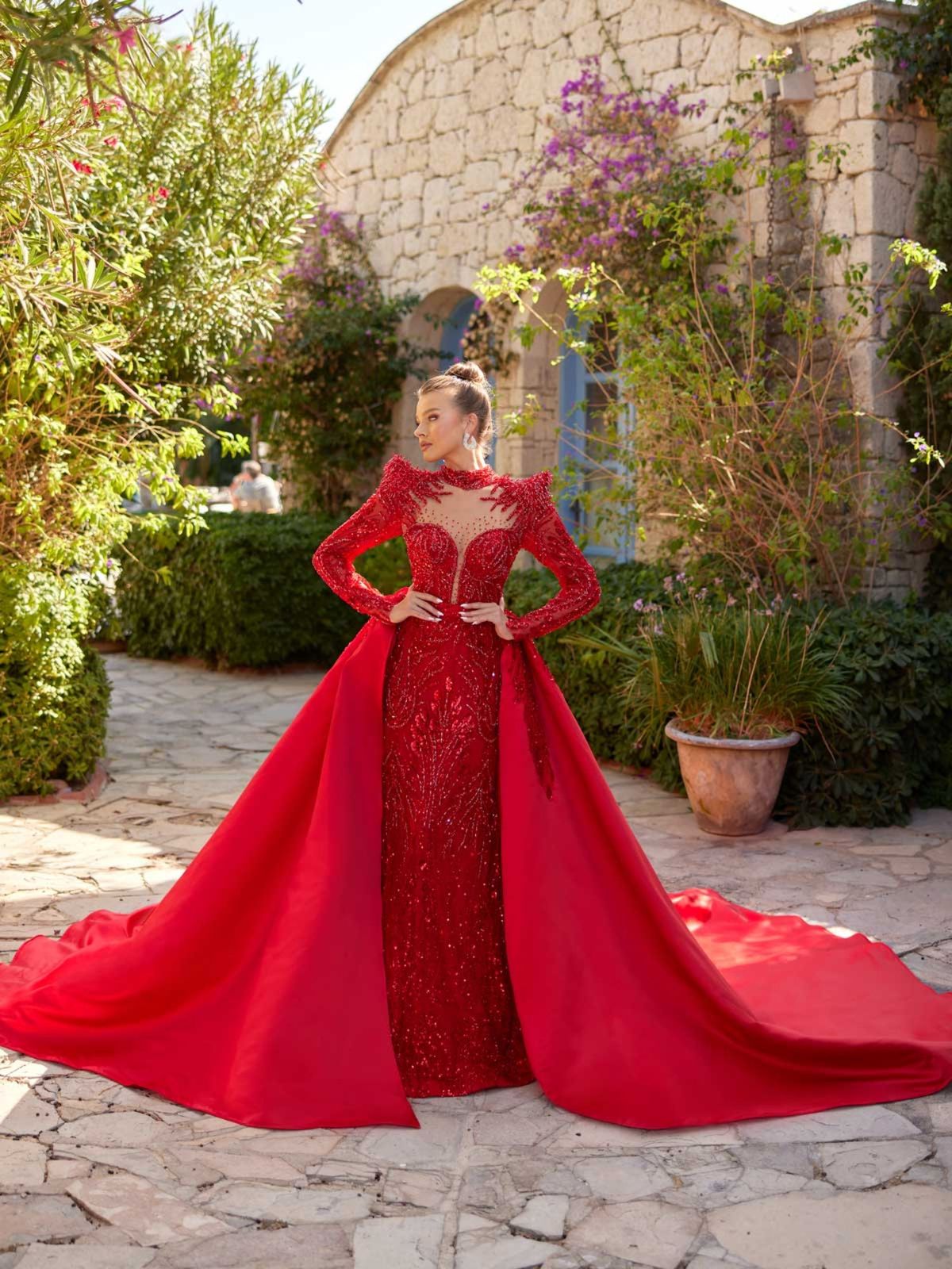Red Sequined Mermaid Evening Gown with Detachable Overskirt Red Sequined Mermaid Evening Gown with Detachable Overskirt — Mermaid Dresses