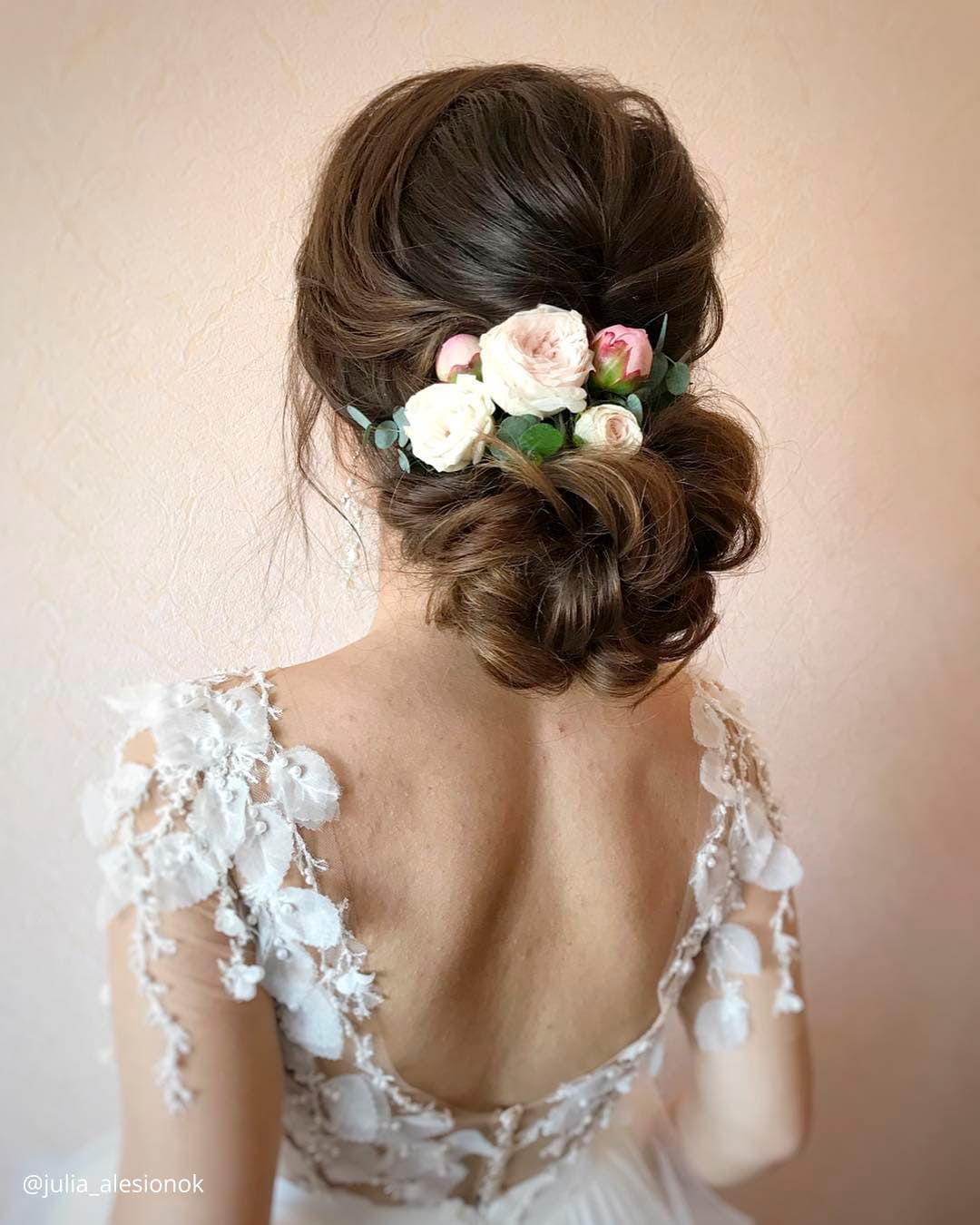 Textured Low Bun with Romantic Roses — Wedding Hairstyles with Flowers