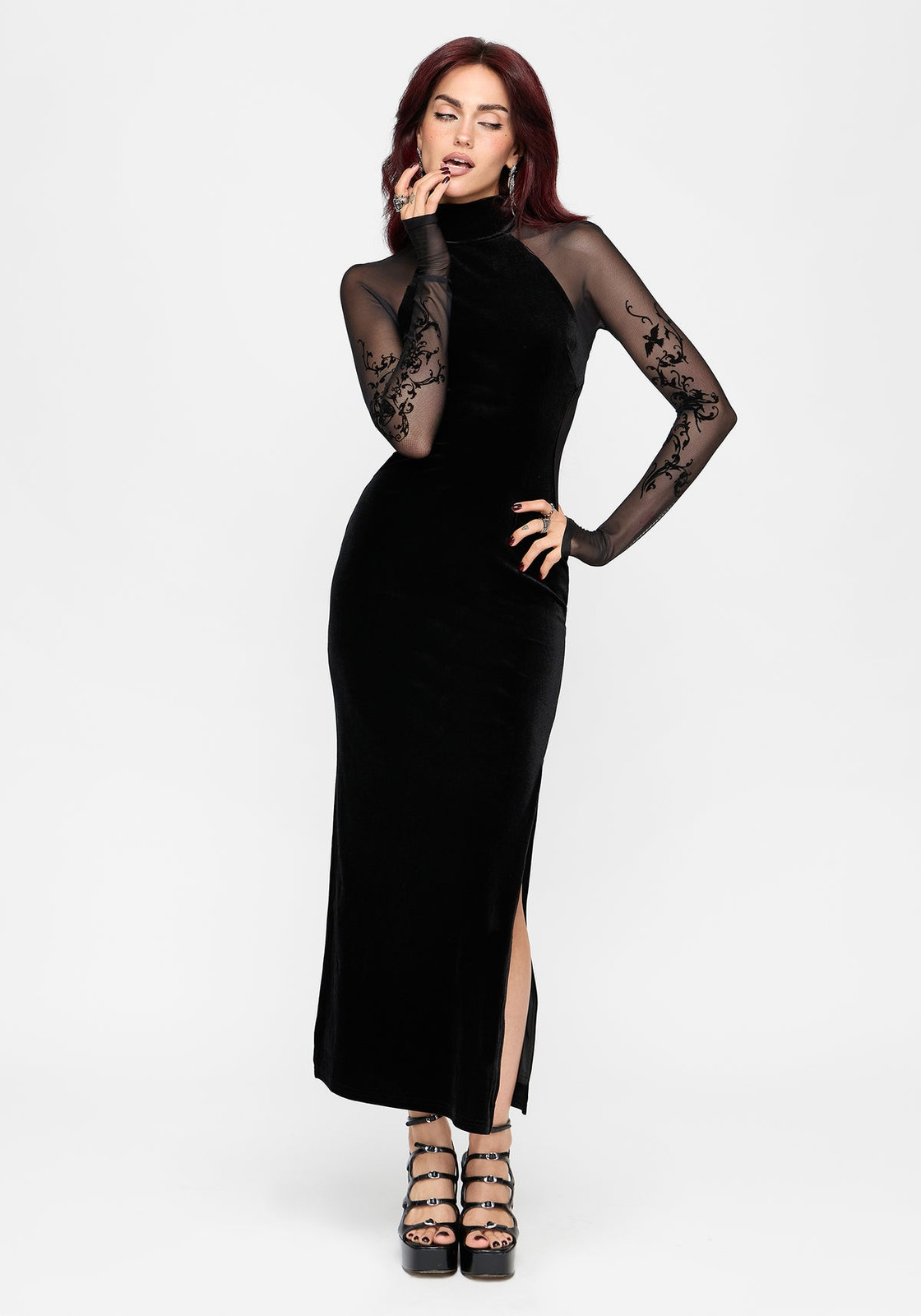 Velvet Maxi Dress with Sheer Embroidered Sleeves for Elegant Evening Goth — Corporate Goth Outfits
