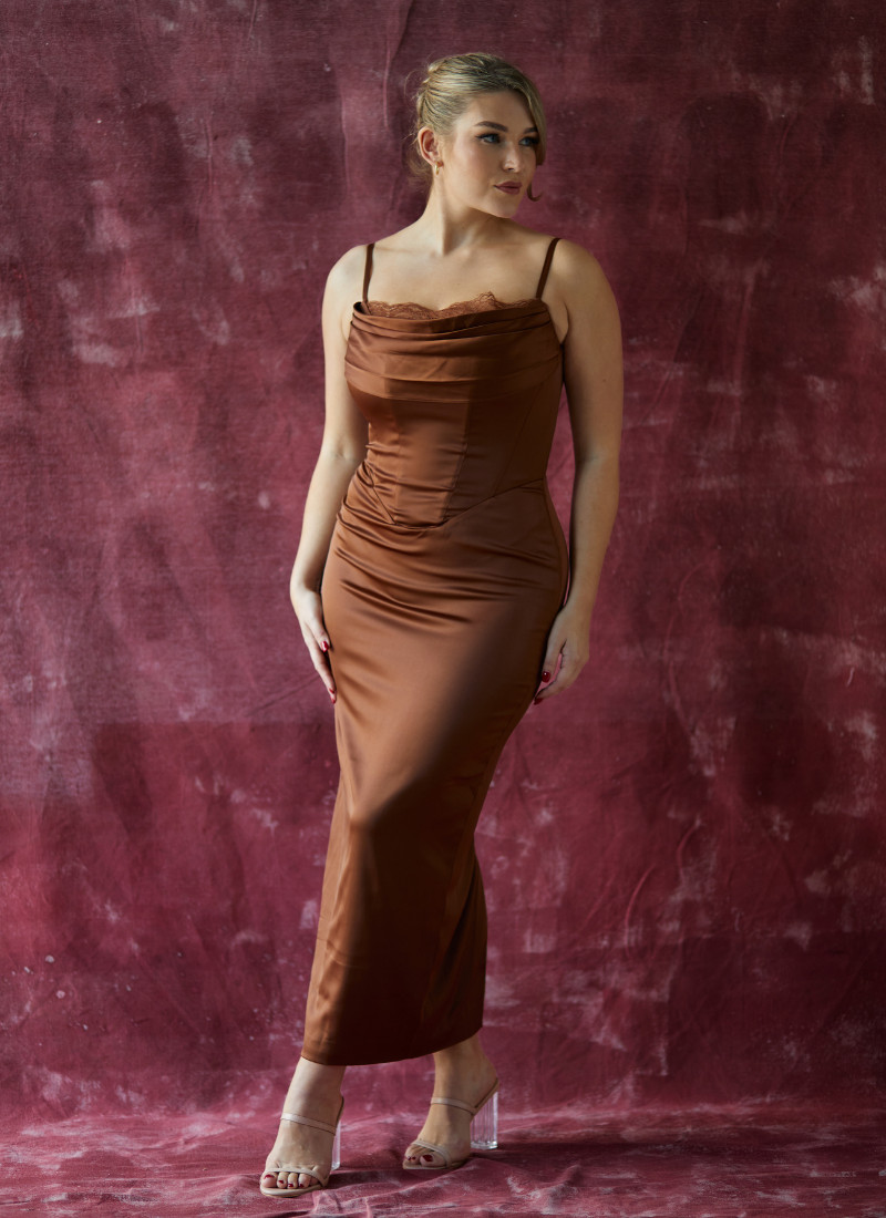Brown Satin Slip Dress with Cowl Neckline — Dresses for Big Bust