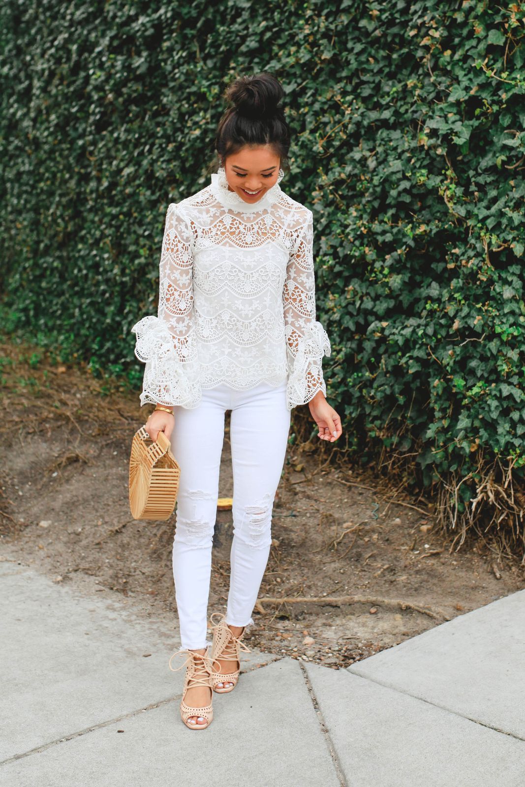 Bell Sleeve Lace Blouse with Ripped Skinny Jeans Bell Sleeve Lace Blouse with Ripped Skinny Jeans — Lace Top Outfits