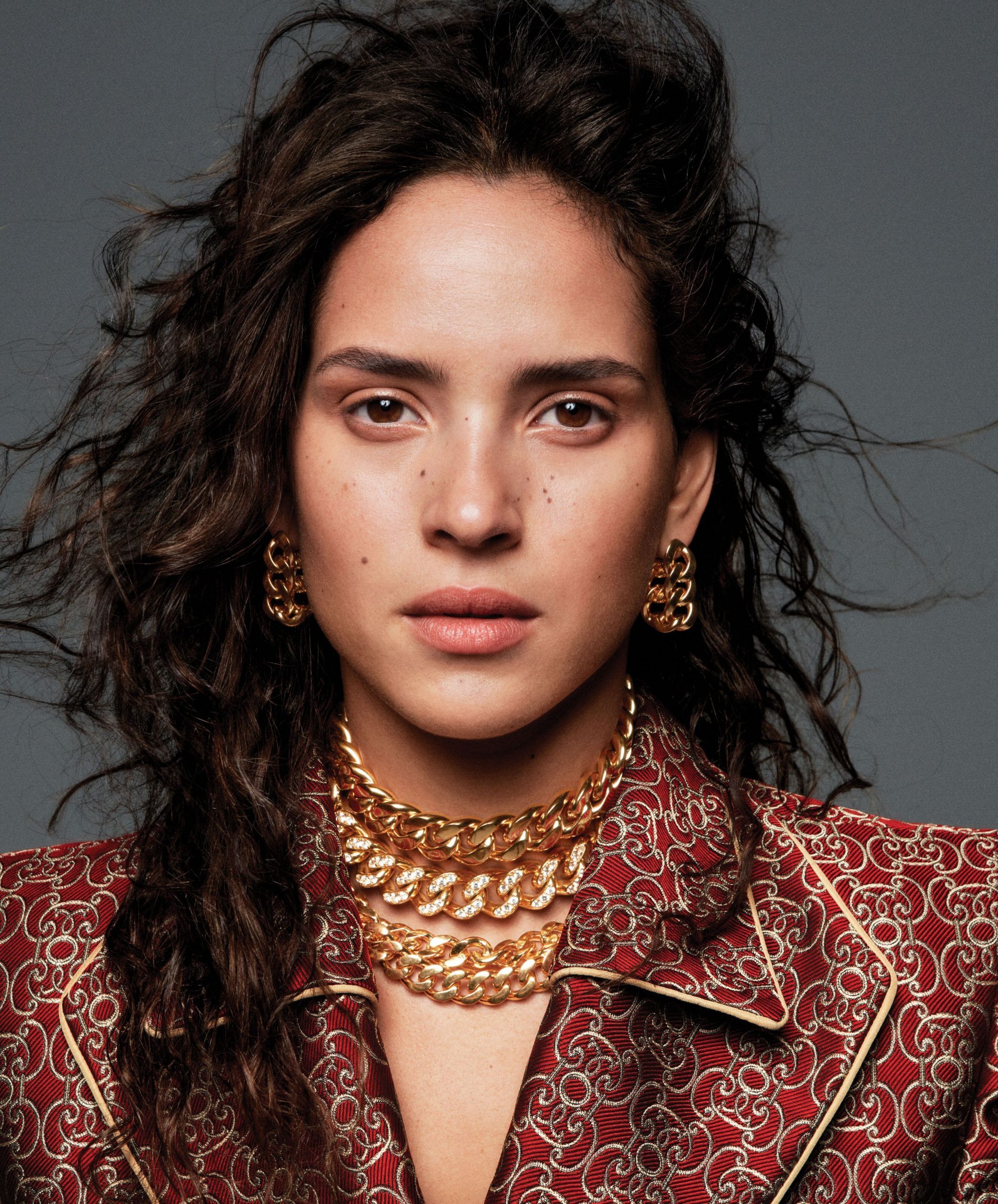 Chunky Gold Necklaces and Hoop Earrings with Patterned Jacket Chunky Gold Necklaces and Hoop Earrings with Patterned Jacket — Gold Jewelry