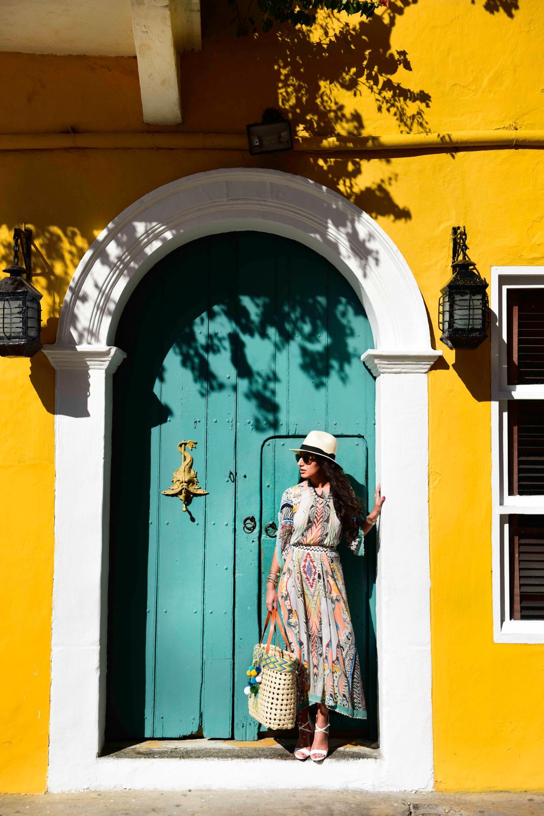 Global Explorer: Patterned Maxi Dress with Pom-Pom Tote — Cartagena Outfits