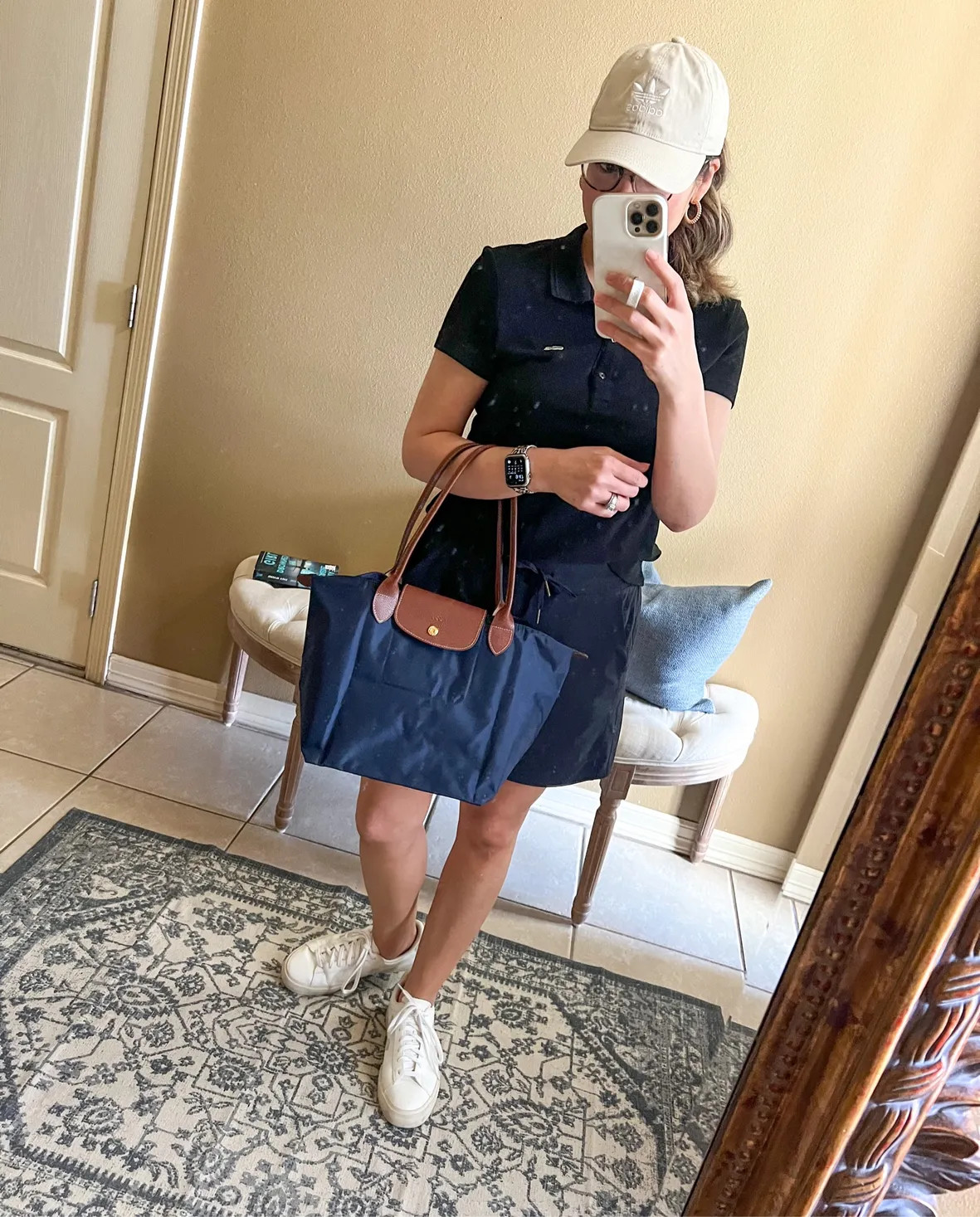 Sporty Meets Polished: Navy Longchamp Tote Ensemble — Longchamp Bag Outfits