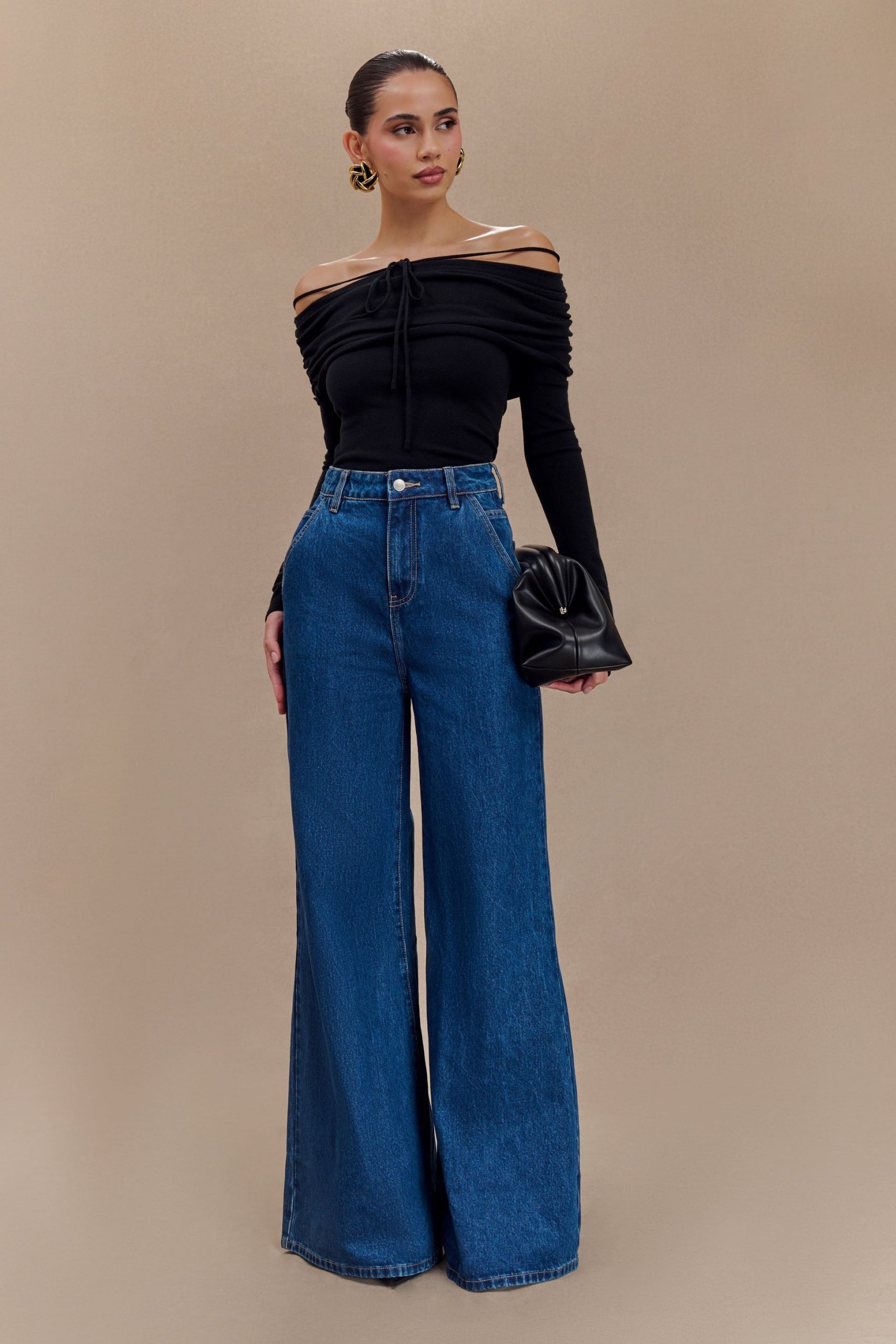 Dramatic Wide Leg Flares with Off-the-Shoulder Top — Flare Jeans