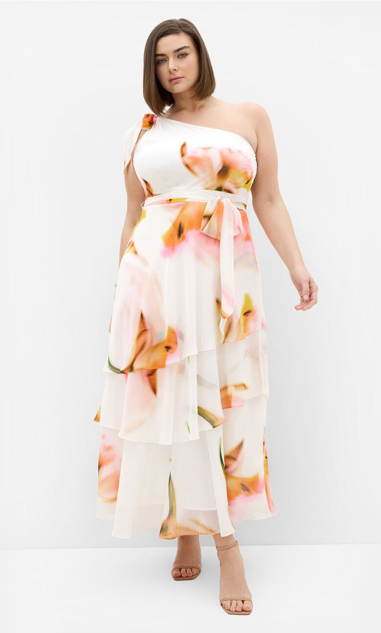 White One-Shoulder Tiered Dress with Floral Print — Dresses for Big Arms