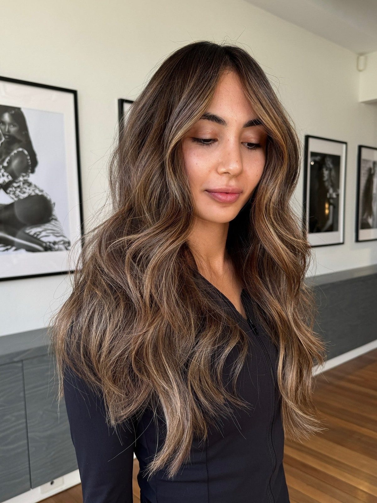Dark Brunette With Honey Blonde Balayage Visual Idea — Brunette Balayage