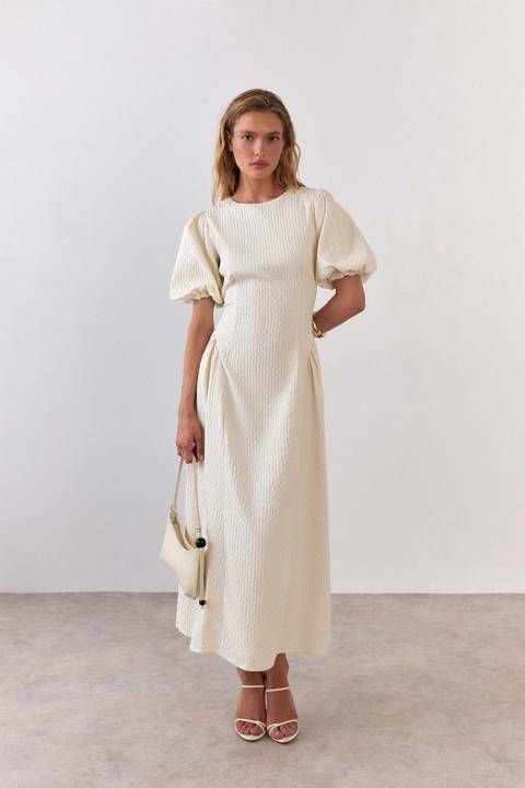 Textured Midi Dress with Puff Sleeves — Garden Party Outfits