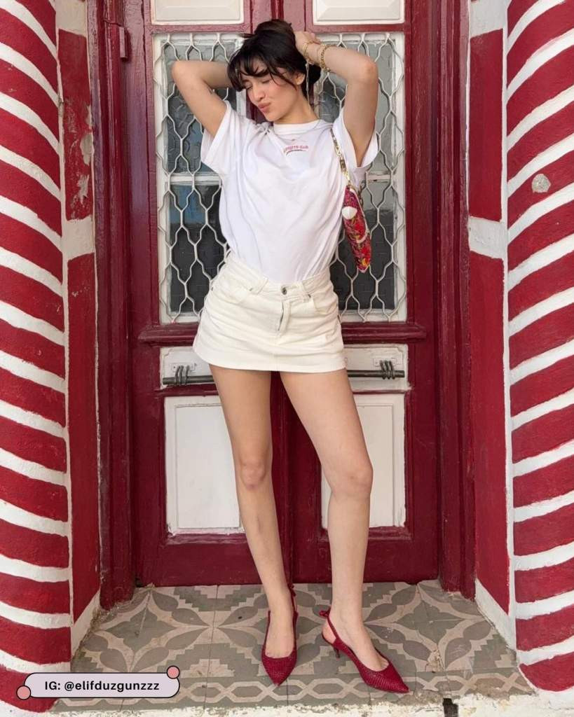 Casual Pop: Red Slingback Heels with White Tee and Denim Mini Skirt Casual Pop: Red Slingback Heels with White Tee and Denim Mini Skirt — Heels Outfits