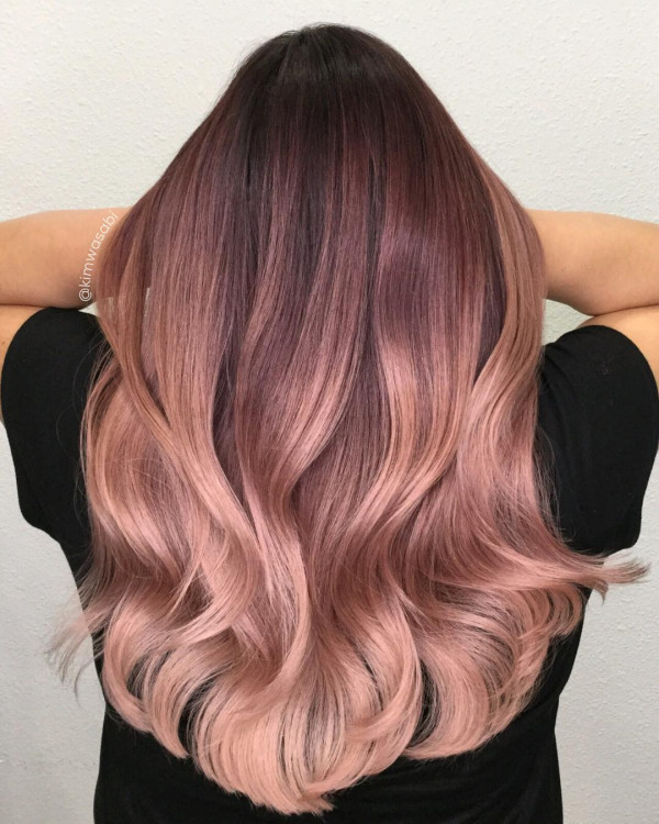 Rose Gold Ombre Mid-Back Waves — Thick Hair Styled In Loose Waves Rose Gold Ombre Mid-Back Waves — Thick Hair Styled In Loose Waves — Rose Gold Hair