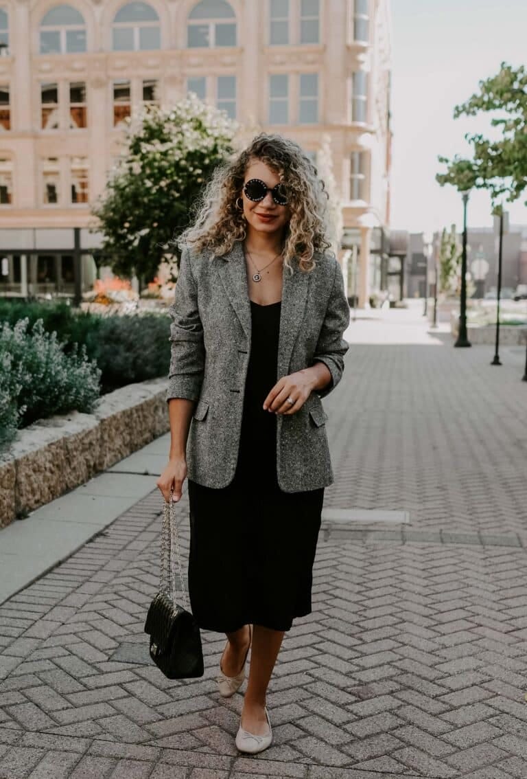 Textured Grey Tweed Blazer with Slip Dress — Blazer Outfits