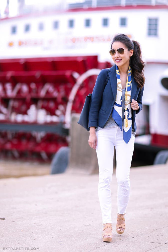 Bold Silk Scarf with Navy Blazer and Ripped Jeans — Silk Scarf Outfits