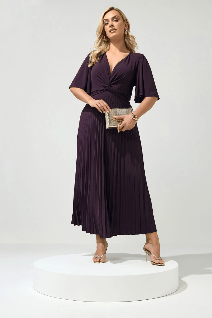 Purple Midi Dress with Flutter Sleeves and Twisted Bodice — Dresses for Apple Shape