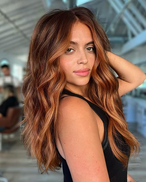 Collarbone Medium Brown With Ginger Caramel Highlights Collarbone Medium Brown With Ginger Caramel Highlights — Hair Color for Medium Skin