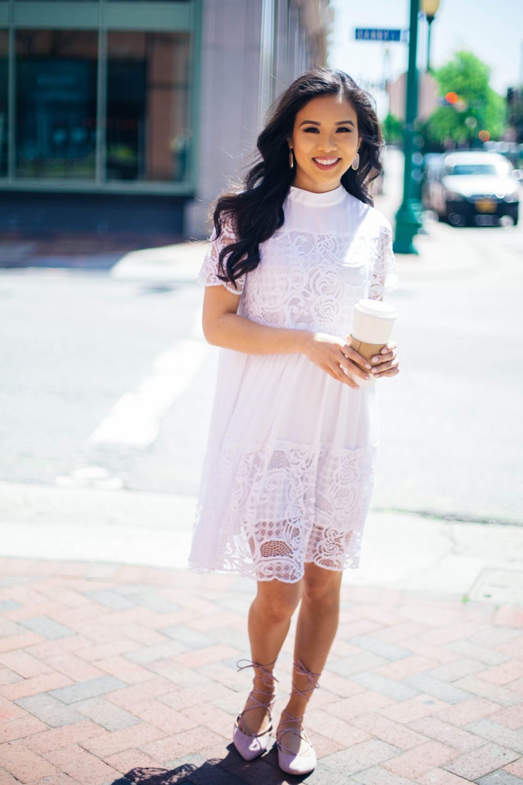 White Lace Midi: Casual Flat Pairing — Lace Dress Outfits