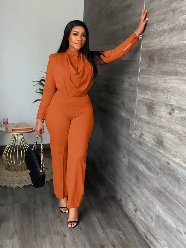 Burnt Orange Draped Cowl Neck Top and Palazzo Pants Set Burnt Orange Draped Cowl Neck Top and Palazzo Pants Set — Two Piece Outfits