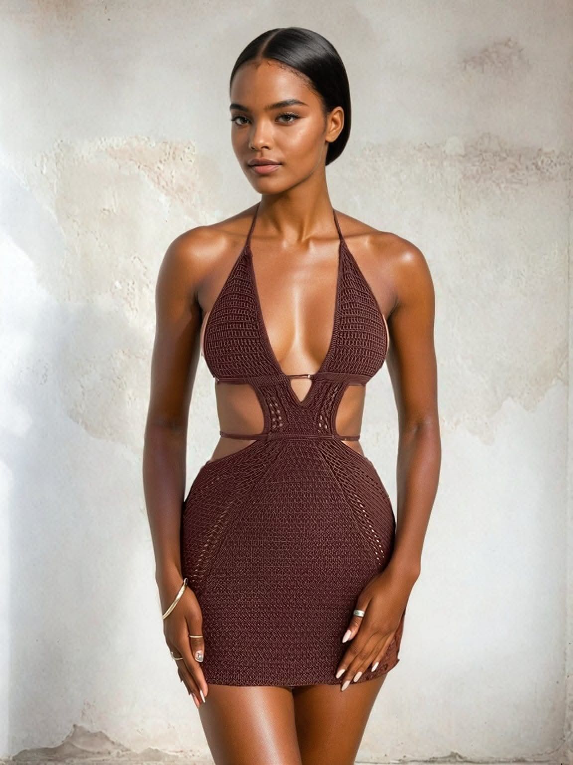 Brown Crochet Mini Dress with Plunging Halter Neckline Brown Crochet Mini Dress with Plunging Halter Neckline — Crochet Dresses