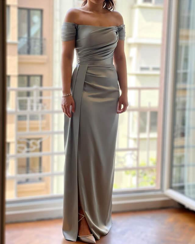 Special Occasion Evening Silver Satin Off-the-Shoulder Sheath Dress with Draping — Off the Shoulder Dresses