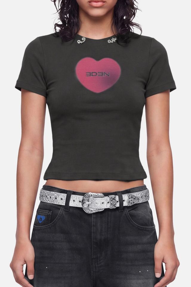Black Baby Tee with Rhinestone Heart and Embellished Belt Black Baby Tee with Rhinestone Heart and Embellished Belt — Baby Tee Outfits
