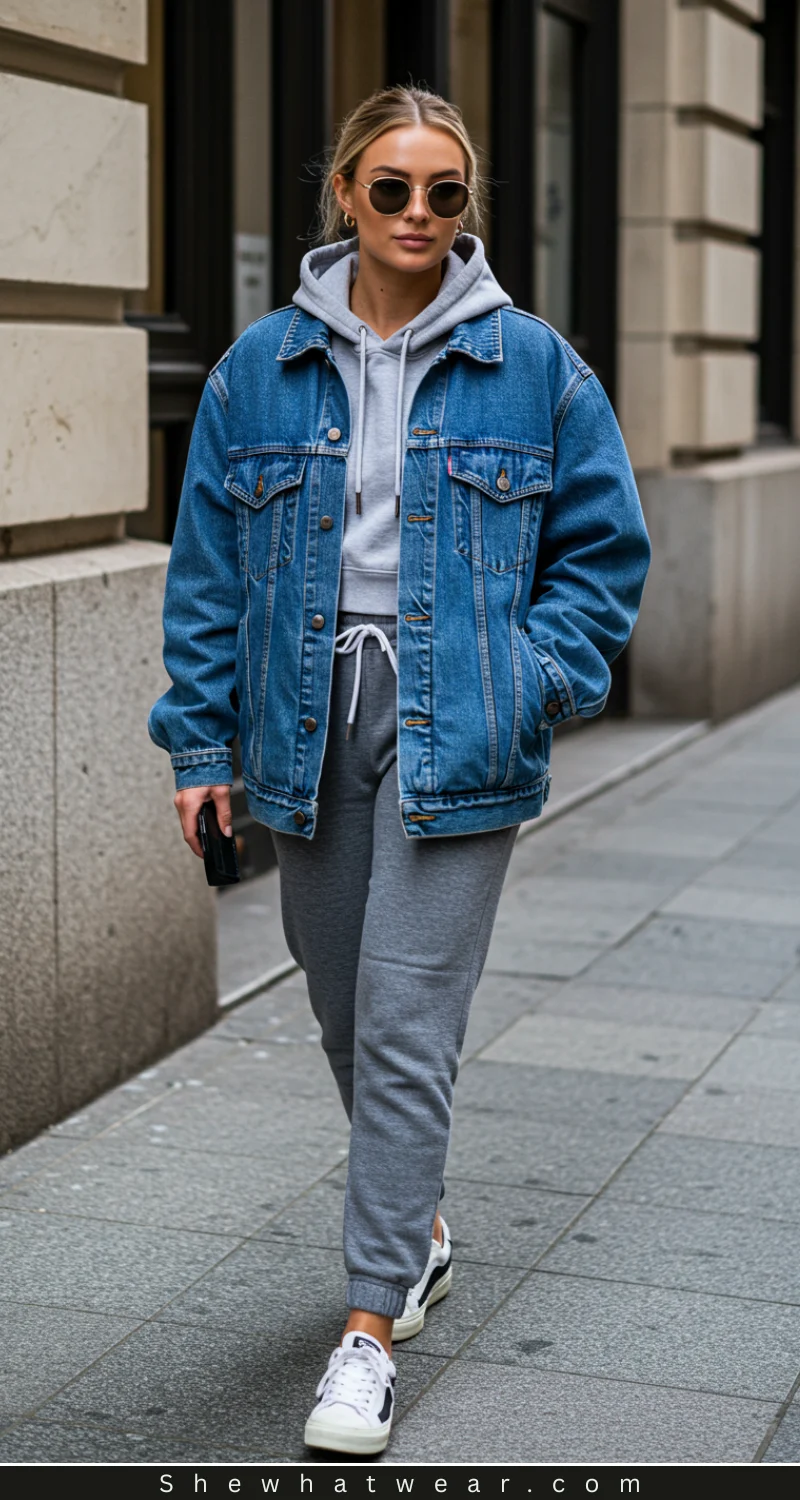 Oversized Denim Jacket with Hoodie and Sweatpants Oversized Denim Jacket with Hoodie and Sweatpants — Jean Jacket Outfits