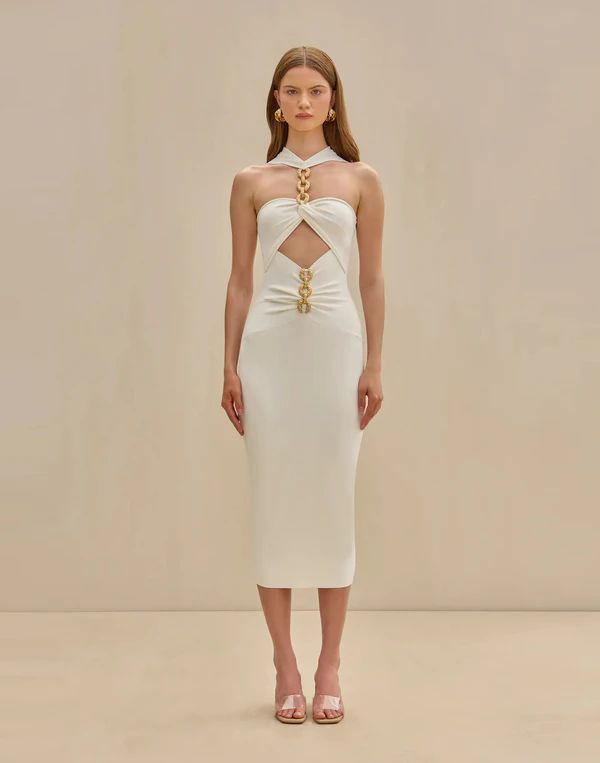 Fitted White Midi Dress with Gold Chain Halter and Cutouts — Honeymoon Dresses
